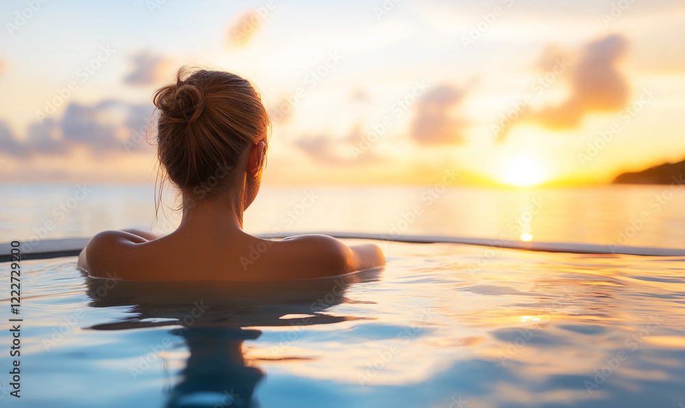 Fototapeta premium A woman relaxing in an infinity pool with a view of a tropical beach at sunset, shot from behind.