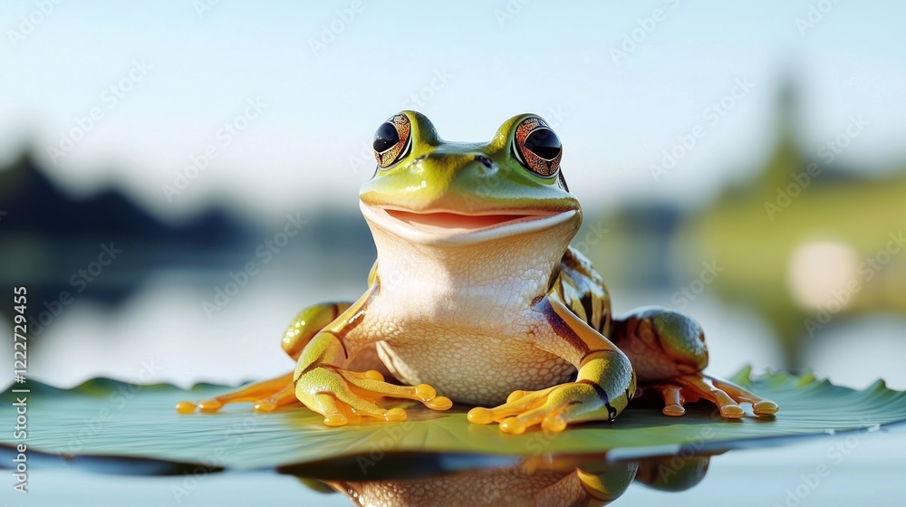 Smiling Green Frog on Lily Pad Smiling Green Frog on Lily Pad