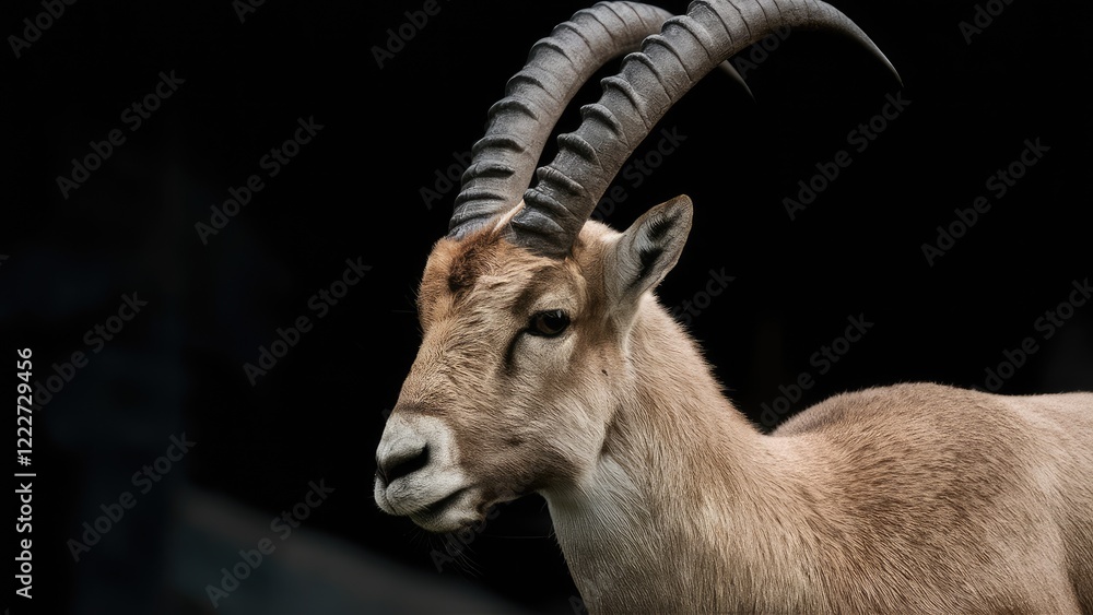 Alpine ibex portrait with prominent twisted horns in soft brown fur against a dark blurred background highlighting its majestic features Alpine ibex portrait with prominent twisted horns in soft brown fur against a dark blurred background highlighting its majestic features