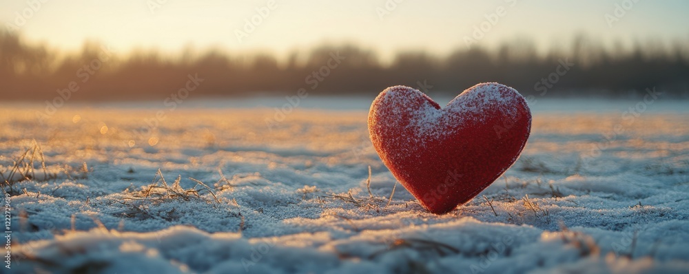 Fototapeta premium Heart-shaped symbol in snowy landscape at sunrise reflecting love and nature