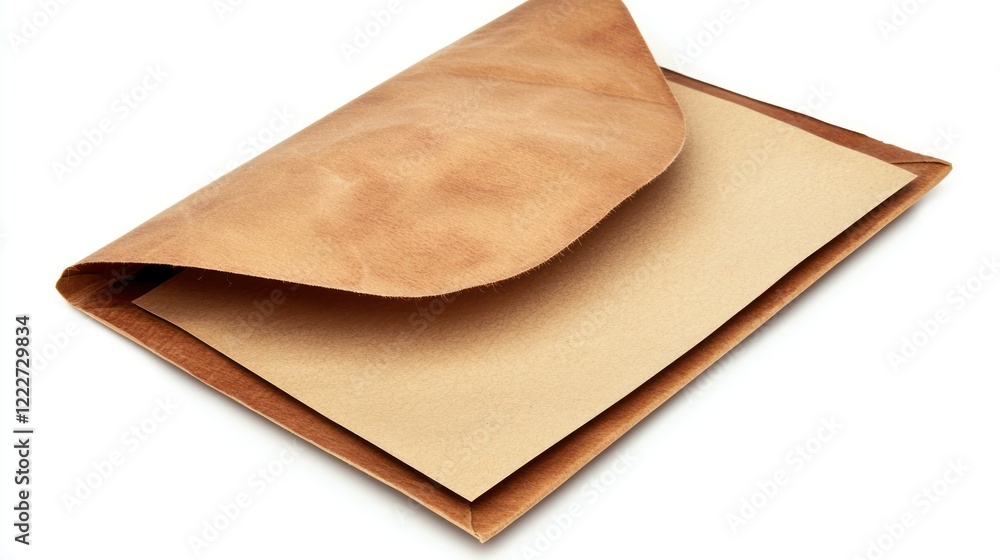 A brown leather envelope with a blank sheet of paper inside. A brown leather envelope with a blank sheet of paper inside.