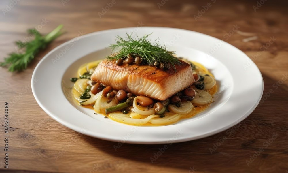 Golden-brown herring served on a bed of saut?ed onions and capers, garnished with fresh dill, refined, capers Golden-brown herring served on a bed of saut?ed onions and capers, garnished with fresh dill, refined, capers