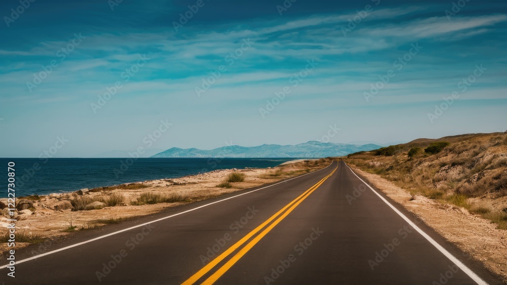 Deserted asphalt road stretches alongside a calm shoreline under a vivid blue sky with distant mountains visible on the horizon Deserted asphalt road stretches alongside a calm shoreline under a vivid blue sky with distant mountains visible on the horizon