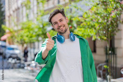 Like. Happy brunette man tourist looking approvingly at camera showing double thumbs up positive something good positive feedback. Adult guy standing on urban city street. Town lifestyles outdoors. photo