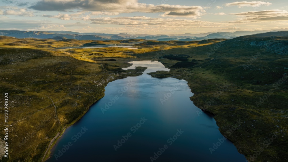 Aerial view of a serene lake surrounded by lush green hills under a bright sky with clouds showcasing nature's tranquility and beauty. Aerial view of a serene lake surrounded by lush green hills under a bright sky with clouds showcasing nature's tranquility and beauty.