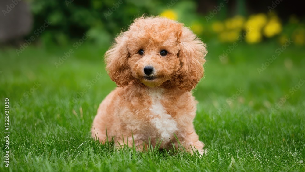 Playful toy poodle puppy sitting on green grass with a soft tan coat and fluffy fur in a bright garden setting with yellow flowers in the background. Playful toy poodle puppy sitting on green grass with a soft tan coat and fluffy fur in a bright garden setting with yellow flowers in the background.