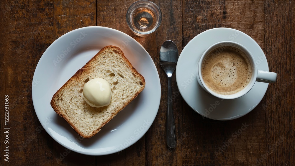 Breakfast composition featuring toasted buttered bread with a round butter scoop on a white plate next to a cup of creamy coffee on a wooden table. Breakfast composition featuring toasted buttered bread with a round butter scoop on a white plate next to a cup of creamy coffee on a wooden table.