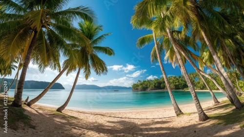 Tropical beach scene with lush green palm trees framing pristine sandy shore and calm turquoise waters under a bright blue sky creating tranquility