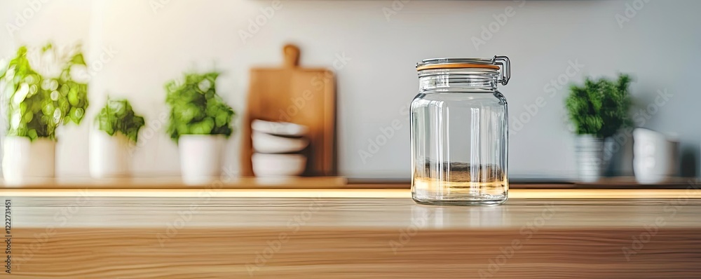 Minimalist home idea. A clear glass jar on a wooden countertop with lush green plants in the background. Minimalist home idea. A clear glass jar on a wooden countertop with lush green plants in the background.