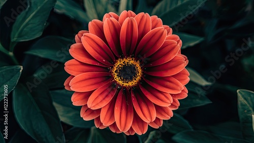 Vibrant red flower with layered petals centered in dark green foliage showcasing the beauty of nature on a bright sunny day