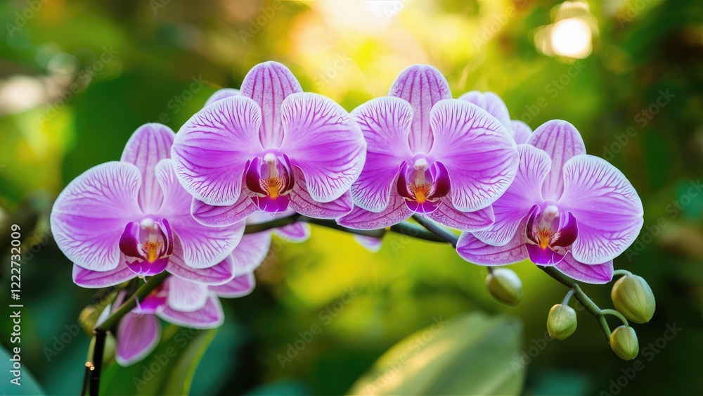 Vibrant pink and white orchid flowers gracefully arching left, set against a soft green blurred background highlighting their natural beauty. Vibrant pink and white orchid flowers gracefully arching left, set against a soft green blurred background highlighting their natural beauty.