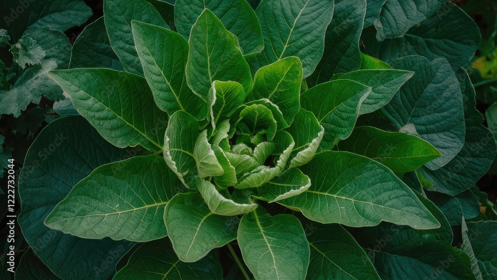 Obraz premium Closeup view of vibrant green bitter mustard greens with a spiral formation in the center, surrounded by darker leafy greens in the background