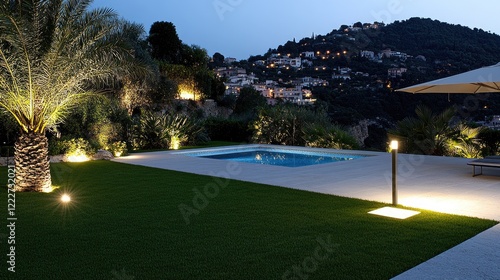 Fototapeta Naklejka Na Ścianę i Meble -  Enjoy a tranquil summer night with an illuminated lawn lamp, lush garden, and a refreshing swimming pool in a scenic hillside setting