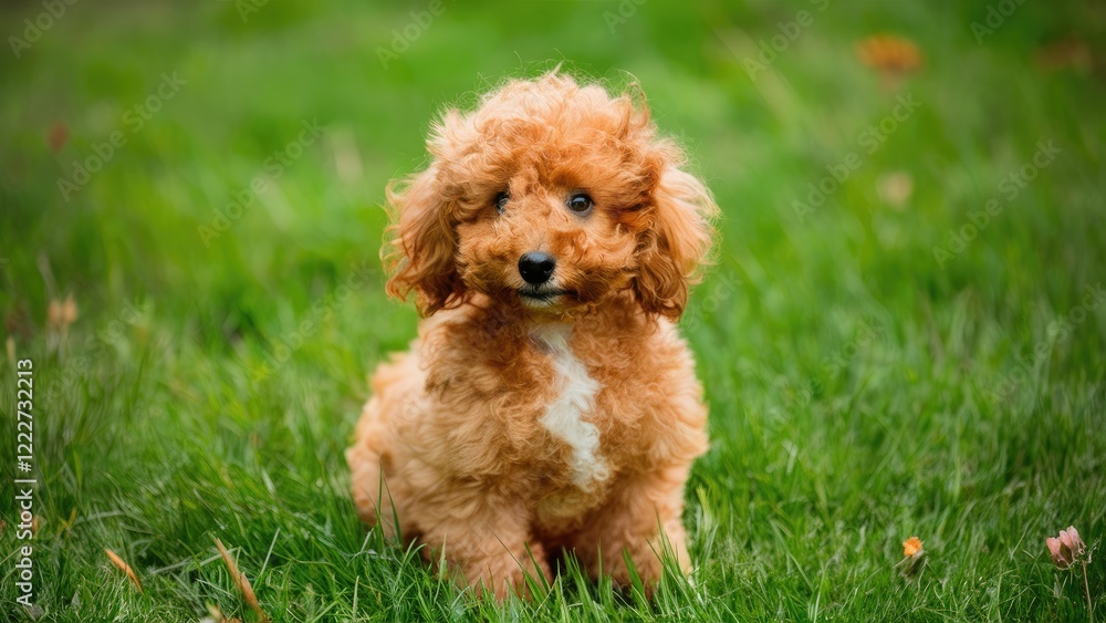 Playful brown toy poodle puppy sitting on green grass with fluffy fur and alert expression under soft natural lighting Playful brown toy poodle puppy sitting on green grass with fluffy fur and alert expression under soft natural lighting