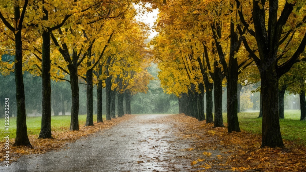 Naklejka premium Autumn park pathway lined with golden yellow trees under soft rain creating a tranquil atmosphere with misty background and fallen leaves.