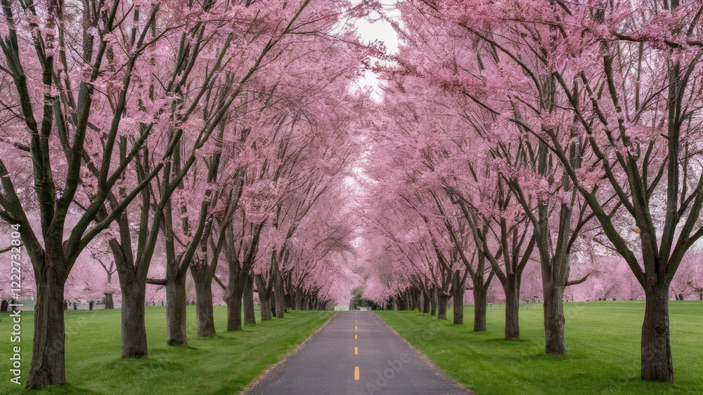 Cherry Blossom Pathway Framed by Lush Green Grass and Vibrant Pink Cherry Trees in Full Bloom Creating a Serene Spring Atmosphere Cherry Blossom Pathway Framed by Lush Green Grass and Vibrant Pink Cherry Trees in Full Bloom Creating a Serene Spring Atmosphere