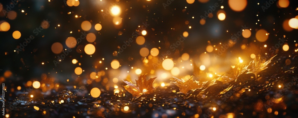 Naklejka premium Golden autumn leaves with glowing bokeh lights in a dreamlike forest setting