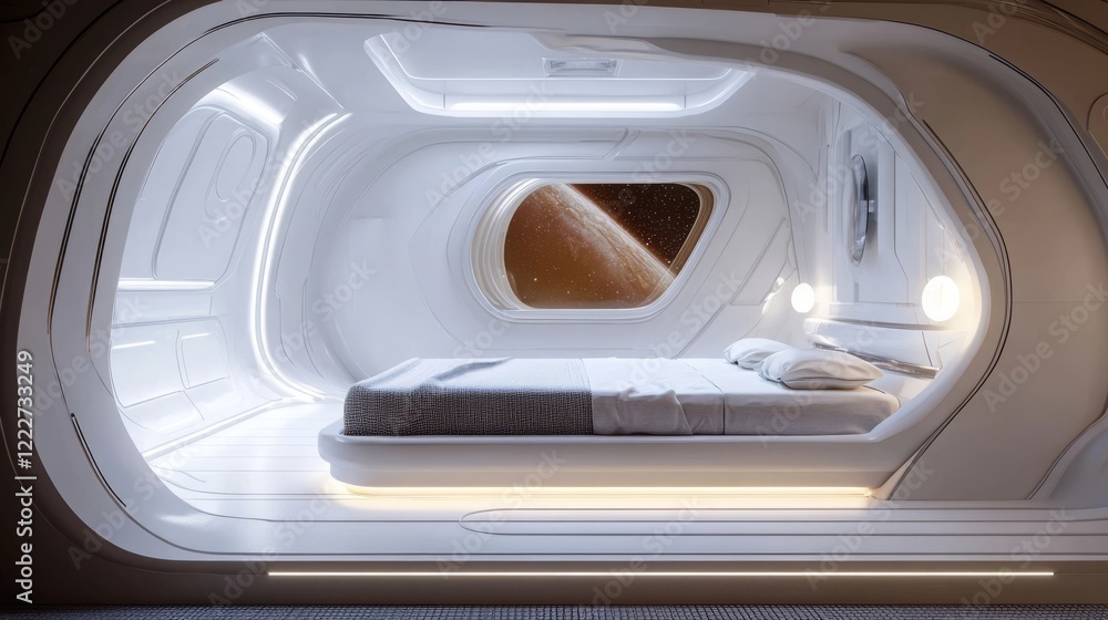 Modern space hotel room with stunning view of planets and stars designed for luxury travelers and explorers Modern space hotel room with stunning view of planets and stars designed for luxury travelers and explorers