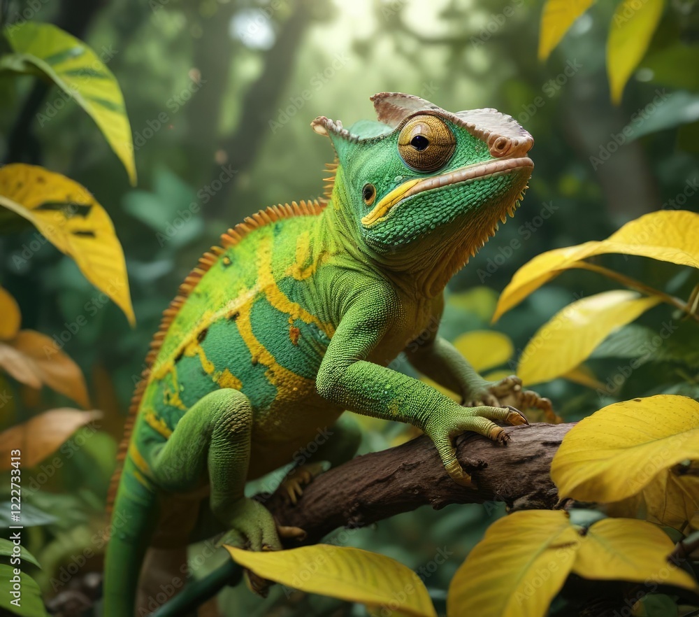 Obraz premium Green and yellow chameleon blending in with leaves , tree, wildlife