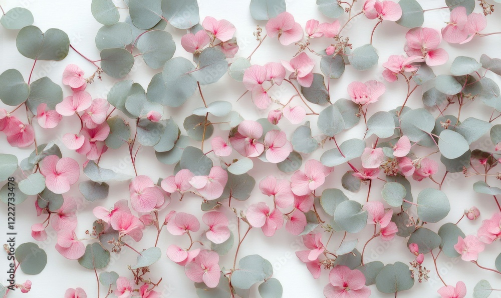 Fototapeta premium Pattern made of pink flowers and eucalyptus branches on white background. Valentines day, mothers day, womens day concept