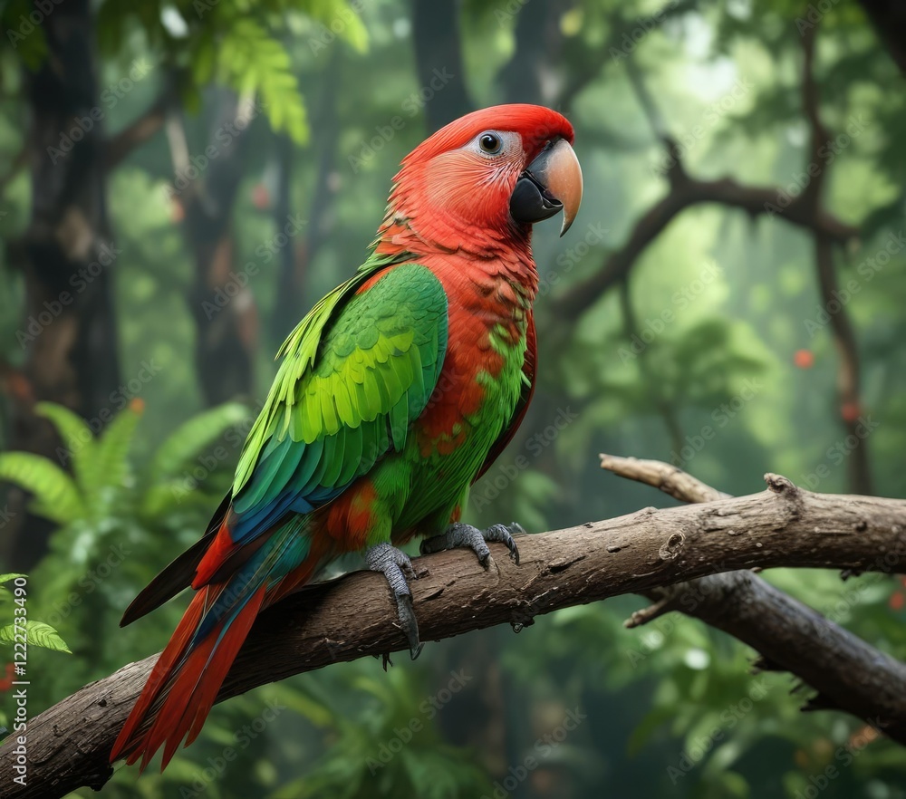 Obraz premium Green and red vibrant parrot perched on a branch in the forest, wildlife encounter , foliage, green and red feathers