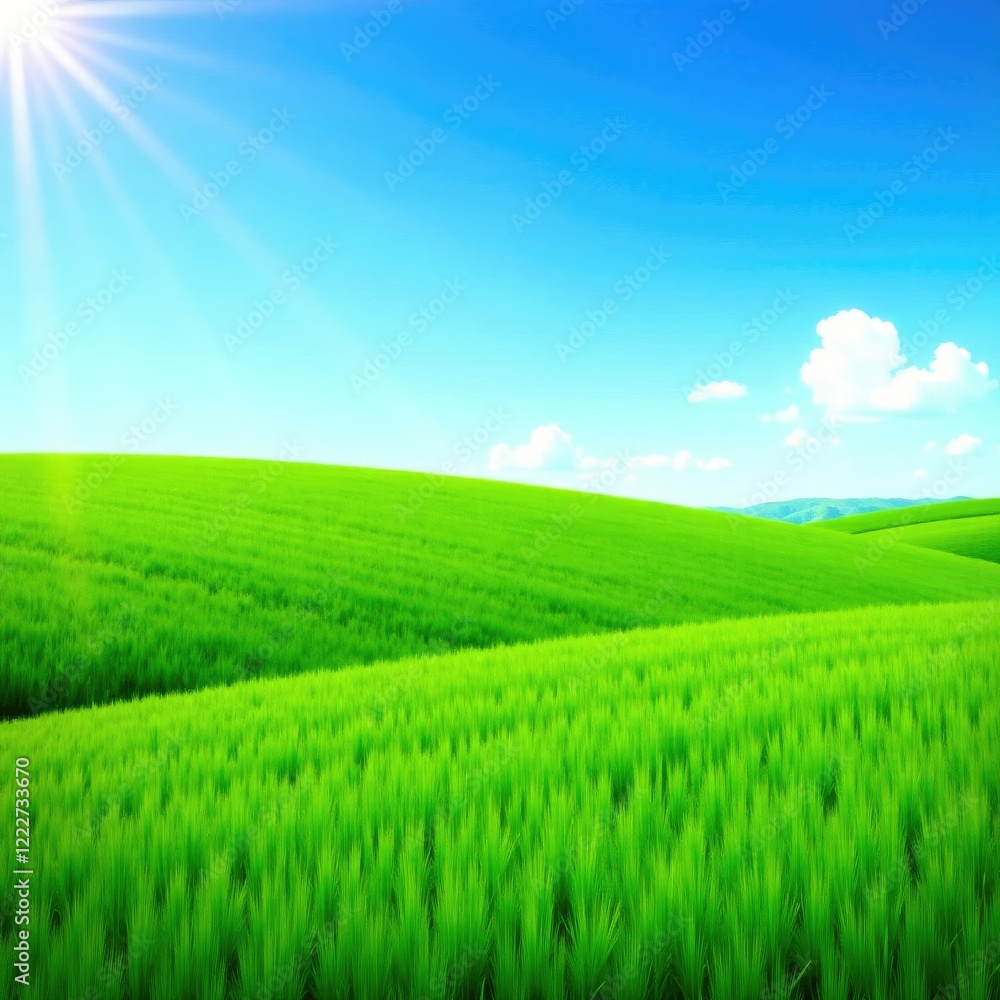 Fototapeta premium Green fields of barley with a bright blue sky, crops, green