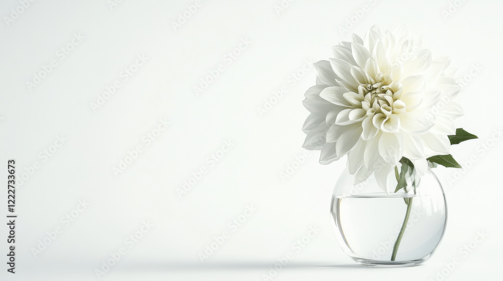 Fototapeta premium white flower in glass vase against white backdrop creates serene and elegant atmosphere. simplicity of design highlights beauty of flower
