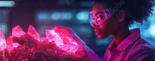 A scientist examines colorful crystals under a bright laboratory light, showcasing the beauty and intricacy of natural formations.