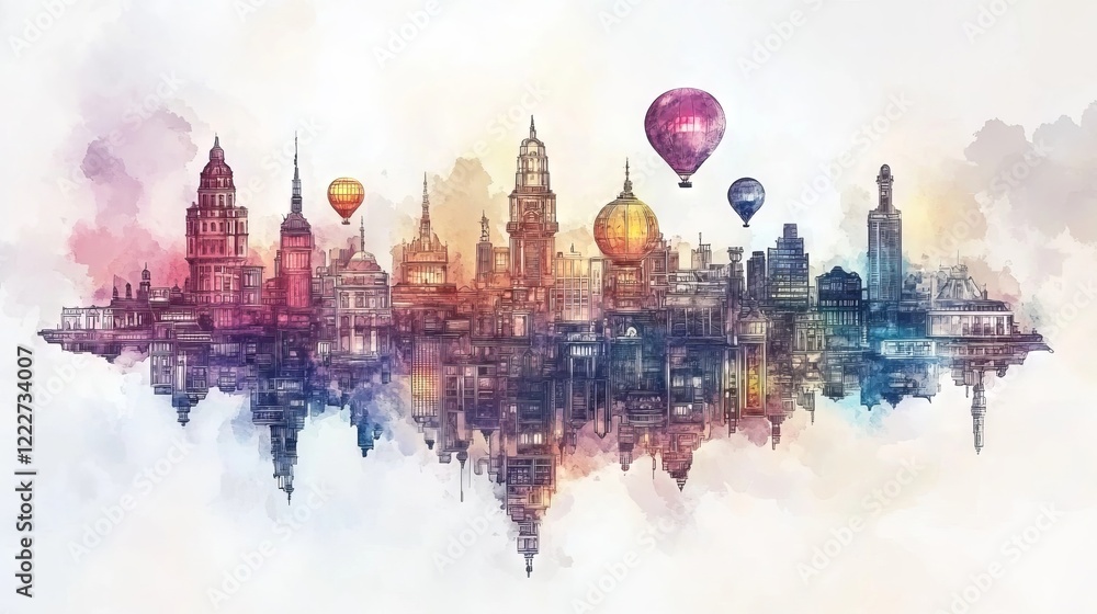 Colorful skyline with hot air balloons above a city rendition at sunset reflecting on water Colorful skyline with hot air balloons above a city rendition at sunset reflecting on water