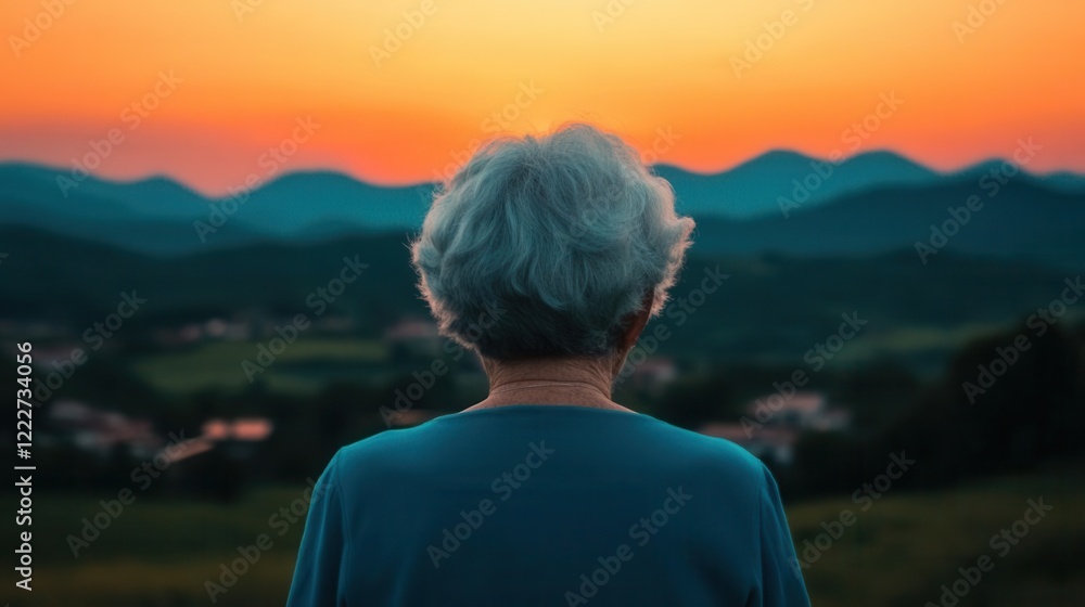Fototapeta premium Elderly woman watching the sunset in a small town, symbolizing aging society s social changes