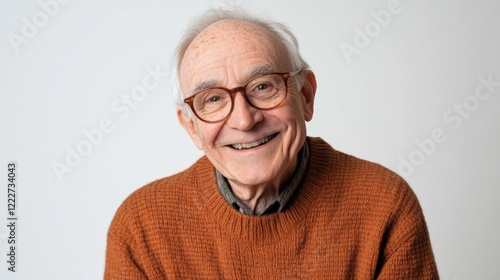 A joyful elderly man, smiling warmly, wearing a sweater, isolated on a clean white background,