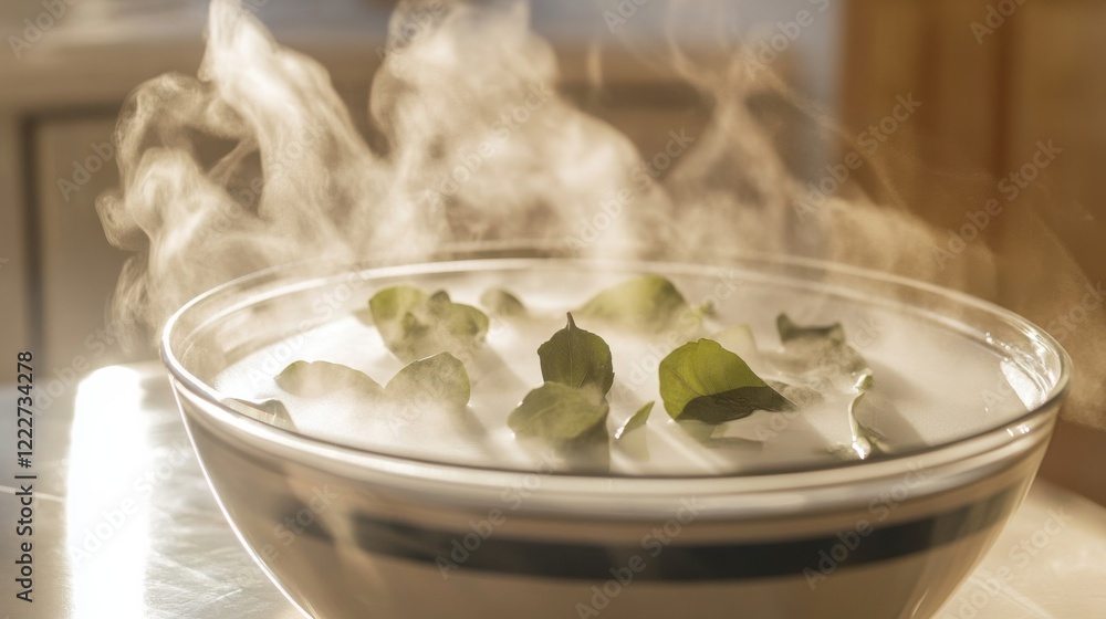 Close-up of a warm bowl with eucalyptus-infused water and rising steam, creating a tranquil spa atmosphere. Relaxation, wellness, and self-care concept. Close-up of a warm bowl with eucalyptus-infused water and rising steam, creating a tranquil spa atmosphere. Relaxation, wellness, and self-care concept.