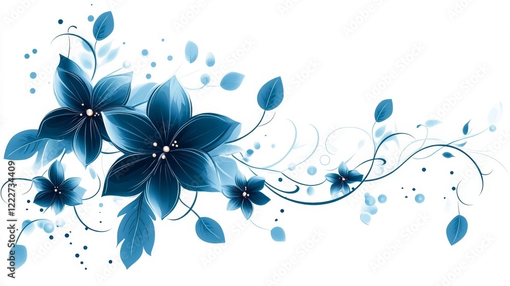 Delicate blue floral design featuring elegant blossoms and swirling vines on a white background Delicate blue floral design featuring elegant blossoms and swirling vines on a white background