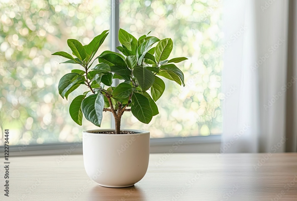Fototapeta premium Neutral colors minimalist concept. A lush indoor plant in a modern pot enhances the serene atmosphere of the room.