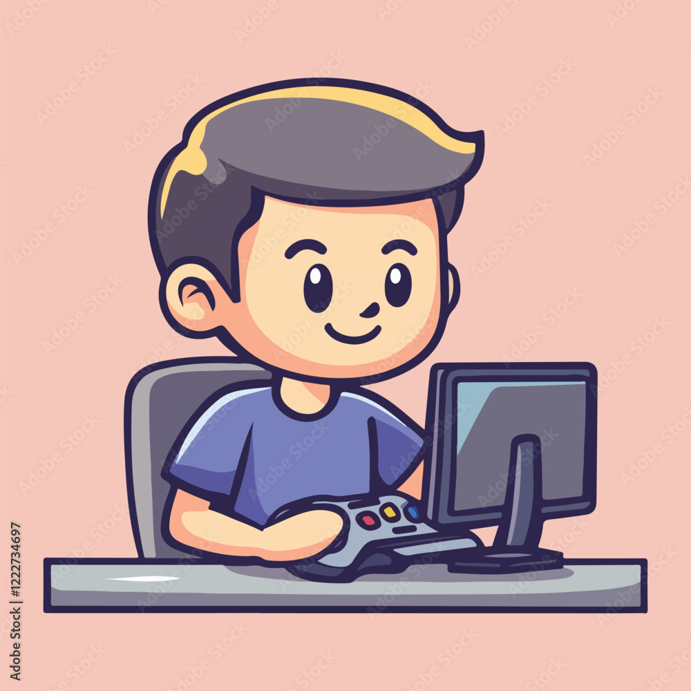 little cute man play video game vector illustration little cute man play video game vector illustration