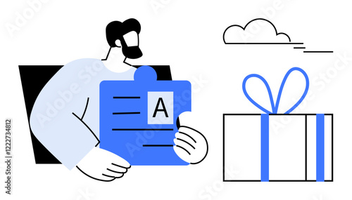 Man holding a puzzle piece with the letter A beside a gift box with ribbon and cloud above. Ideal for business strategy, creativity, problem-solving, teamwork, gift-giving, celebration, minimalist