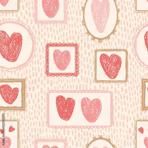 Valentines day vintage seamless pattern. Hearts crayon drawn geometric frames with love symbols repeat background. Vintage farmhouse backdrop. Romantic date motif. Vector hand drawn illustration.
