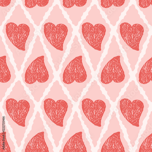 Hearts crayon drawn seamless pattern on rhombus doodle frames. Valentines day repeat background. Love symbols endless backdrop. Surface pattern design romantic date motif. Vector hand drawn cover.