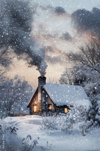 Wallpaper Mural A cozy cottage with smoke rising from the chimney in a snowy landscape Torontodigital.ca