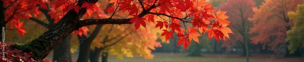 A lone oak branch bends under the weight of scarlet leaves, nature photography, fall colors, tree branches A lone oak branch bends under the weight of scarlet leaves, nature photography, fall colors, tree branches