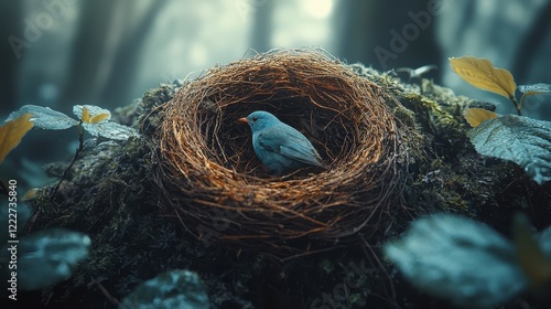 Bluebird resting in mossy nest, misty forest background, nature photography photo