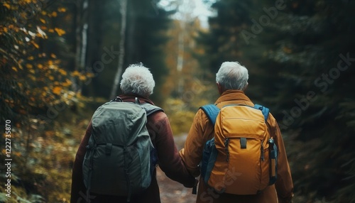 Wallpaper Mural Two senior hikers walk hand in hand through a beautiful forest, enjoying nature and each other's company. Torontodigital.ca