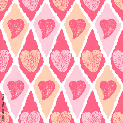 Hearts crayon drawn seamless pattern on rhombus doodle frames. Valentines day repeat background. Love symbols endless backdrop. Surface pattern design romantic date motif. Vector hand drawn cover.