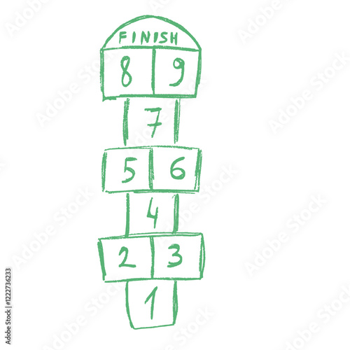 Hopscotch game isolated on white background. Children playground outdoor entertainment. Vector chalk drawn illustration.