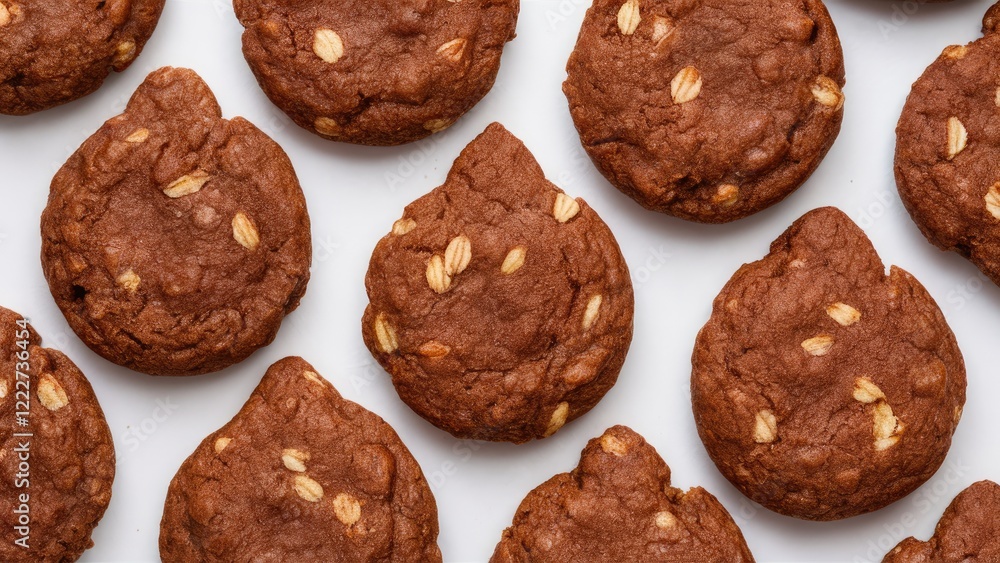 Crispy cocoa oat cookies in five-drop shapes arranged neatly against a clean white background, featuring rich brown hues and golden oat flakes. Crispy cocoa oat cookies in five-drop shapes arranged neatly against a clean white background, featuring rich brown hues and golden oat flakes.