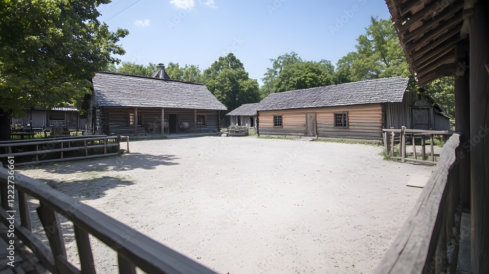Historic Wooden Cabins Rustic Village Courtyard Scene Historic Wooden Cabins Rustic Village Courtyard Scene