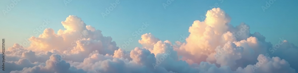 Cumulus clouds spread across the blue autumn sky with warm glow, soft light, natural scenery, cloud formations Cumulus clouds spread across the blue autumn sky with warm glow, soft light, natural scenery, cloud formations