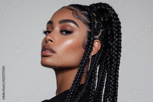 Young black woman showing braided hairstyle and makeup