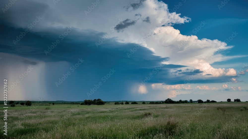 Dramatic thunderclouds in dark gray loom over a bright blue sky with white billowing clouds above a lush green field under soft lighting. Dramatic thunderclouds in dark gray loom over a bright blue sky with white billowing clouds above a lush green field under soft lighting.
