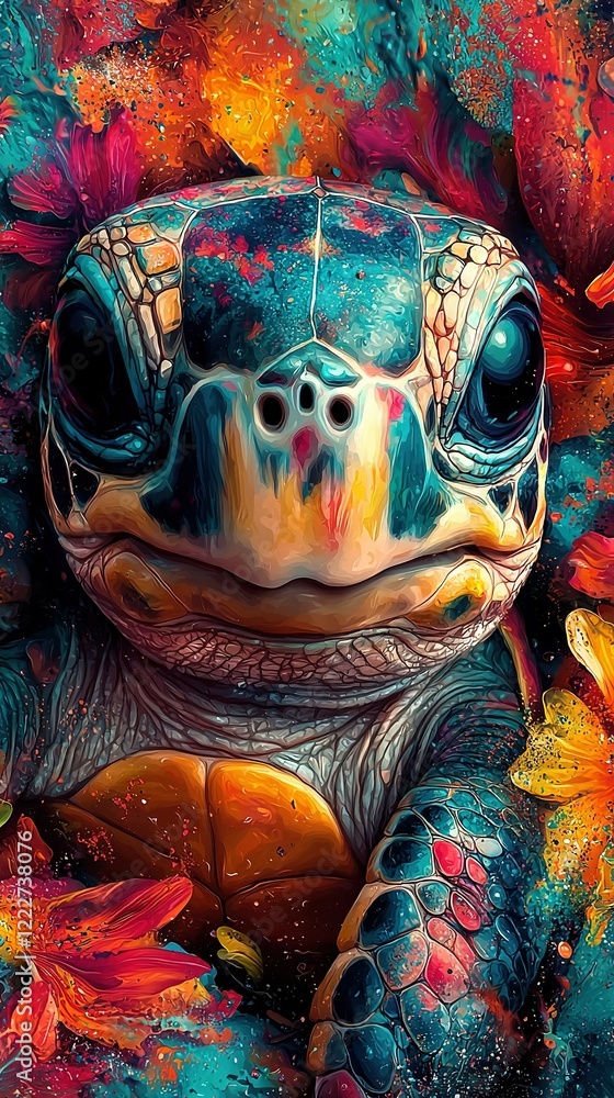Fototapeta premium Close-up of a turtle painting with flowers on its head & water in the background